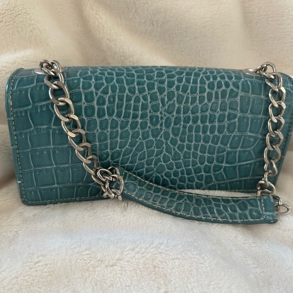 Liz Claiborne Teal Crocodile-Embossed Chain Strap Bag-Vintage Y2K Mini Purse - Picture 7 of 9